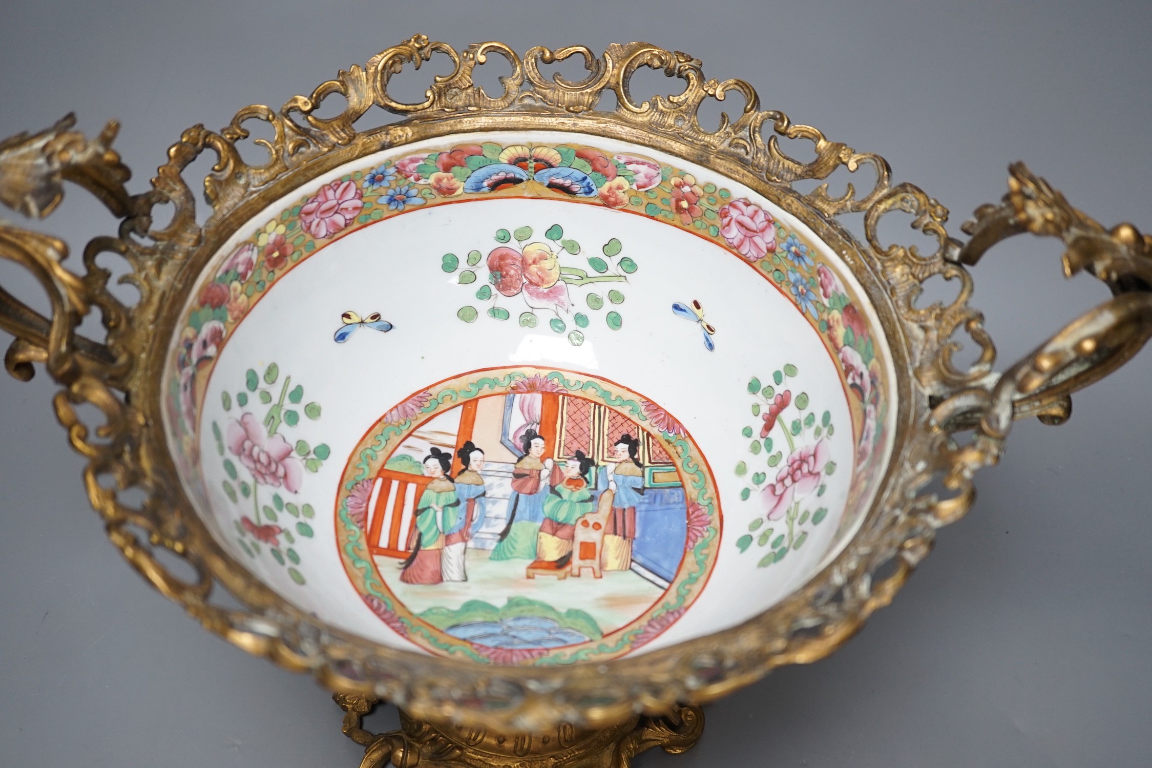 A late 19th century Chinese famille rose bowl with French ormolu mounts, 32cm